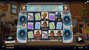 The base game interface transforms a vintage boombox into a functional five-reel machine, complete with pulsing outer speakers and a gritty background packed with authentic old-school studio clutter.