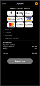ShelbyWin Casino deposit screen showing available fiat and crypto payment methods like Visa, Apple Pay, and Bitcoin.