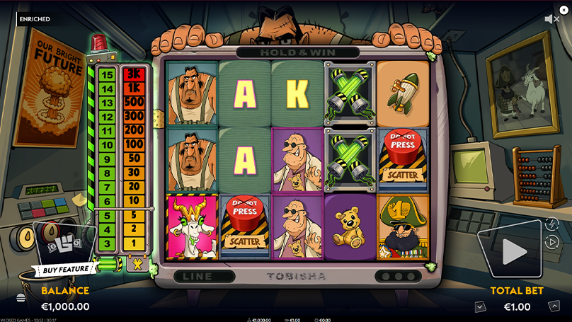 Base game screen of the Enriched slot by Wicked Games featuring a 5x3 reel terminal and a prize ladder on the left.