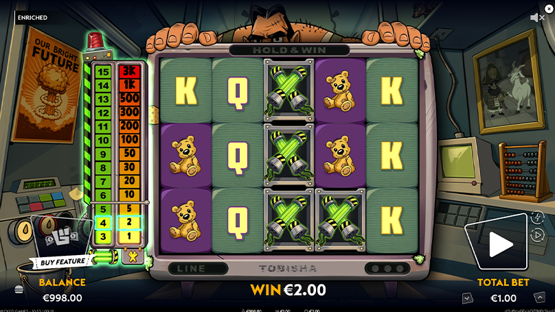 Four Uranium Rod symbols landing on the grid to award an instant cash win on the Enriched slot machine interface.