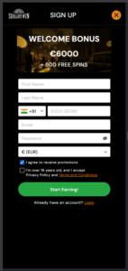 ShelbyWin Casino sign-up pop-up form displaying personal detail input fields, currency selector, and registration button.