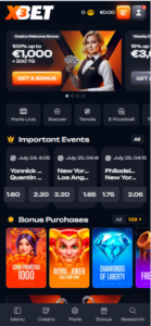 X3bet Casino mobile homepage showing welcome bonus, sports betting menu, featured events, and slot game categories. 