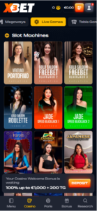X3bet Casino live dealer lobby featuring live blackjack, roulette, baccarat, and casino tables. 