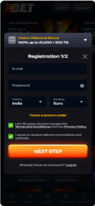 X3bet Casino registration page showing the sign-up form, welcome bonus, and account creation fields. 