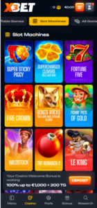 X3bet Casino slots lobby featuring popular video slots and category navigation on the mobile interface. 
