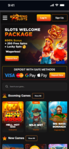 BoomingSlots Casino mobile lobby displaying the 600% welcome bonus banner and featured online slots