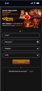BoomingSlots Casino sign up form with fields for email, password, country, and currency selection 
