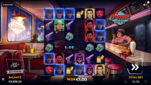 Diner Dogs slot base game win screen showing a &euro;1.00 cluster payout on a &euro;1.00 total bet. 