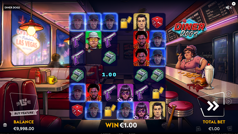 Diner Dogs slot base game win screen showing a €1.00 cluster payout on a €1.00 total bet.
