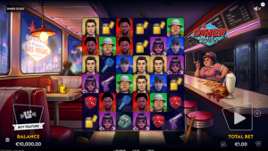 Diner Dogs slot base game grid set inside a retro diner with criminal crew symbols and a &euro;1.00 bet level. 