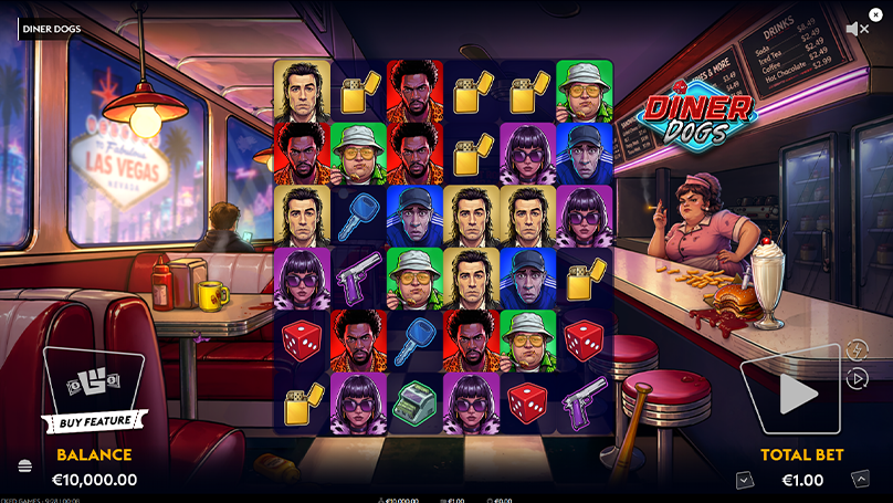 Diner Dogs slot base game grid set inside a retro diner with criminal crew symbols and a €1.00 bet level.