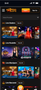 BoomingSlots live dealer lobby featuring VIP Speed Blackjack, American Auto Roulette, and live baccarat tables