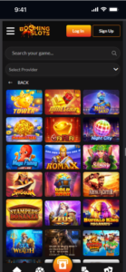 BoomingSlots slots lobby displaying titles like Buffalo King Megaways, Dead or Alive II, and game filter options 