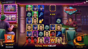 Diner Dogs slot Super Master Plan free spins feature showing persistent golden frames and an 5x multiplier wild symbol.