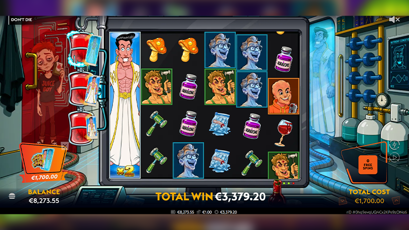 A full-height wild with a 2x multiplier covers the first reel, creating a winning combo with two mushrooms.