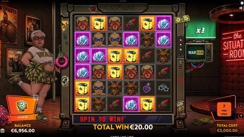 War Whores has a free spins bonus round called Situation Room, which features 8 free spins.